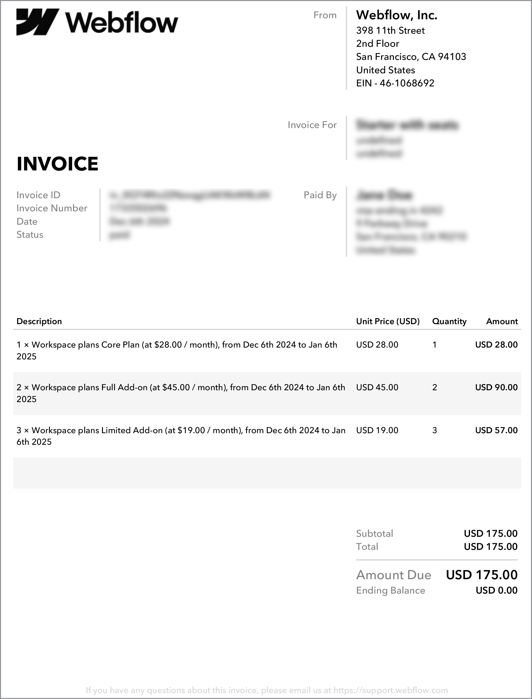 An invoice with multiple list items, separating the seat pricing from the Workspace plan.