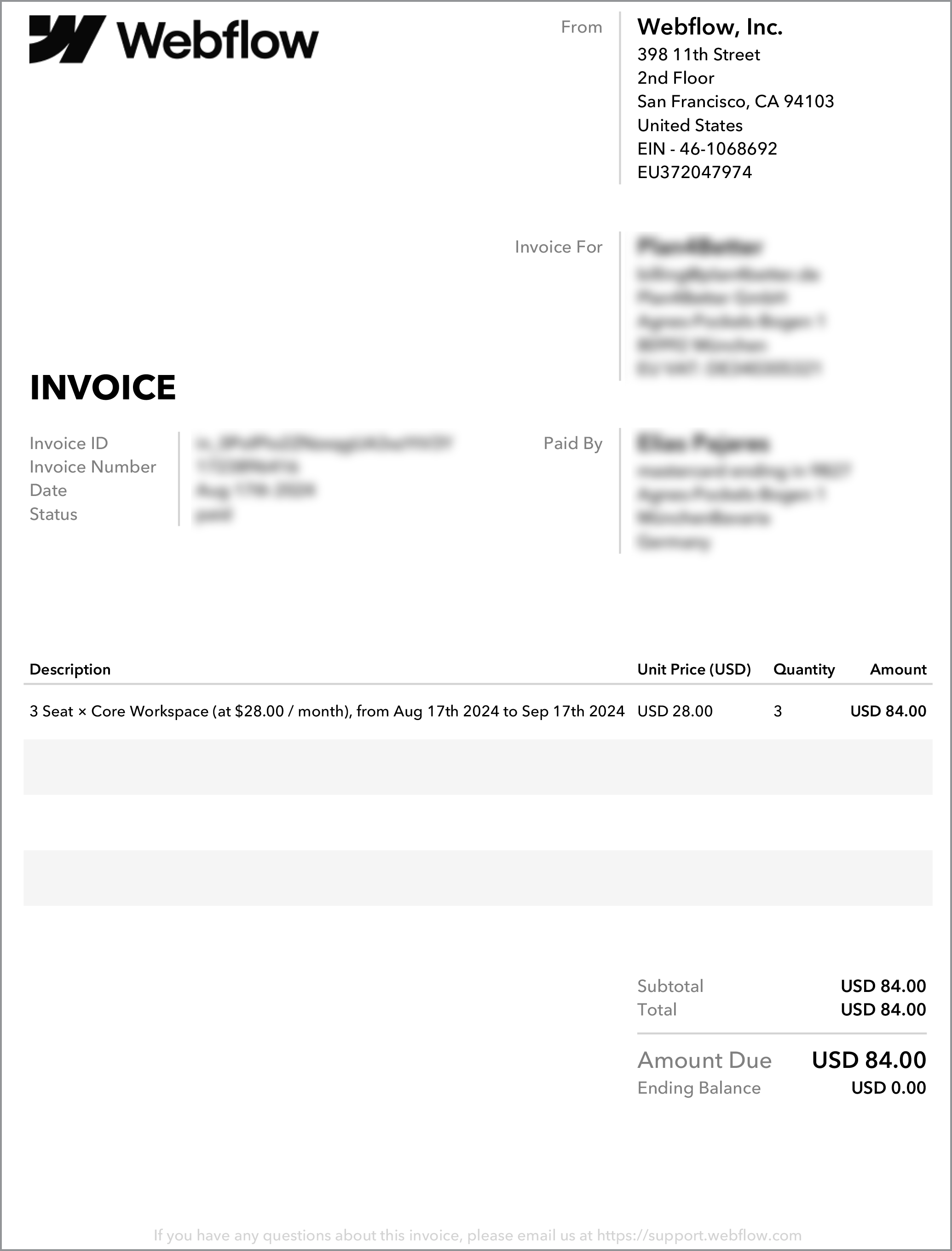 An invoice with one list item that contains both the Workspace plan and included seats.