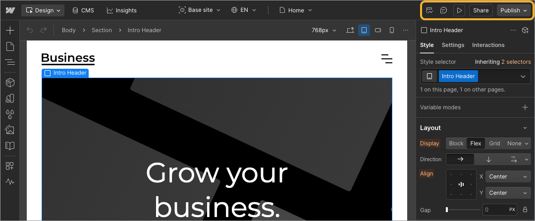 The Webflow interface with the site actions highlighted.