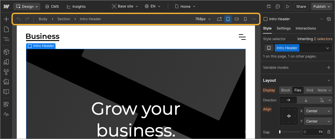 The Webflow interface with the canvas bar highlighted.