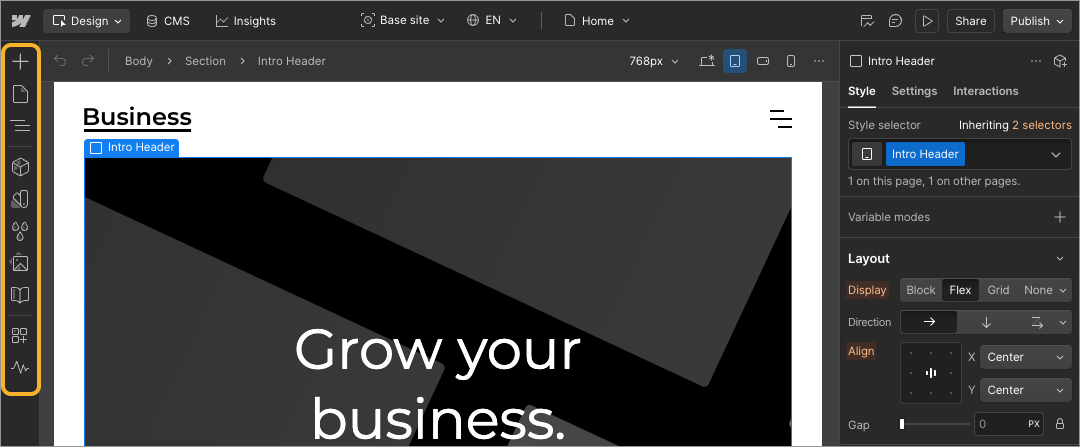 The Webflow interface with the left panel icons highlighted.