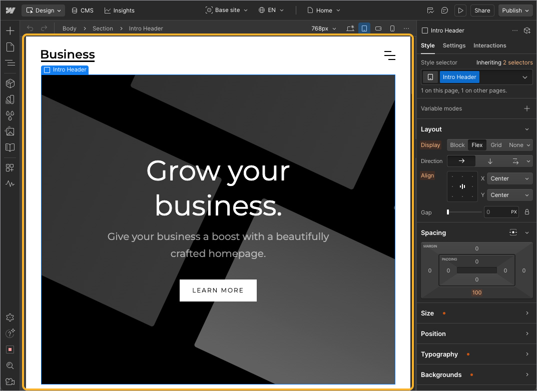 The Webflow interface with the center canvas highlighted.