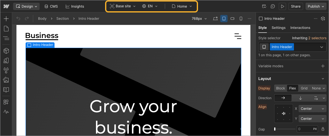The Webflow interface with the context bar highlighted.